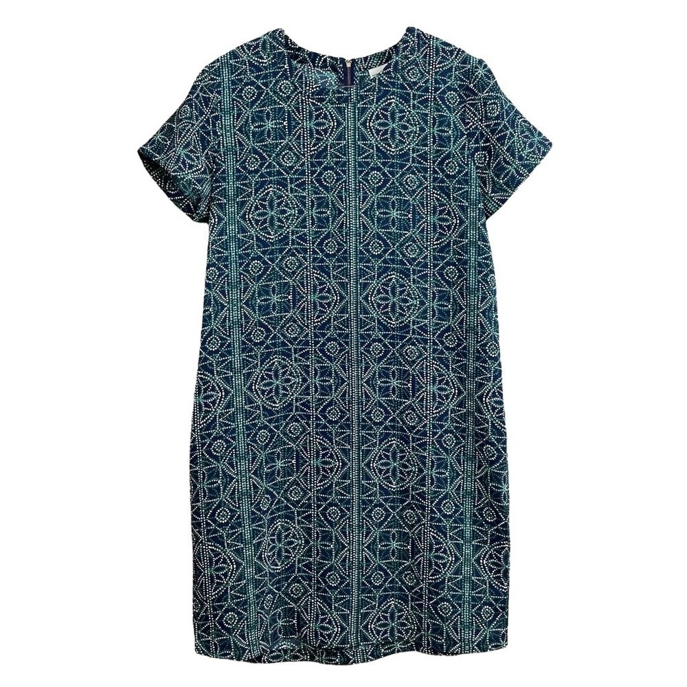 Adrienne Vittadini Geo Dot Print Zip Shift Dress Navy Blue Green White Size 4
